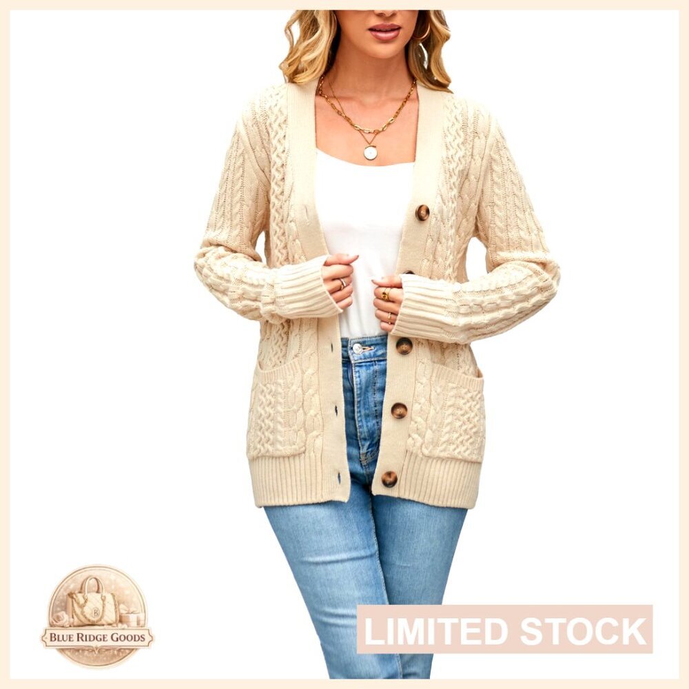 Cable Knit Cardigan Sweater Chunky Open Front Button Down with Pockets
